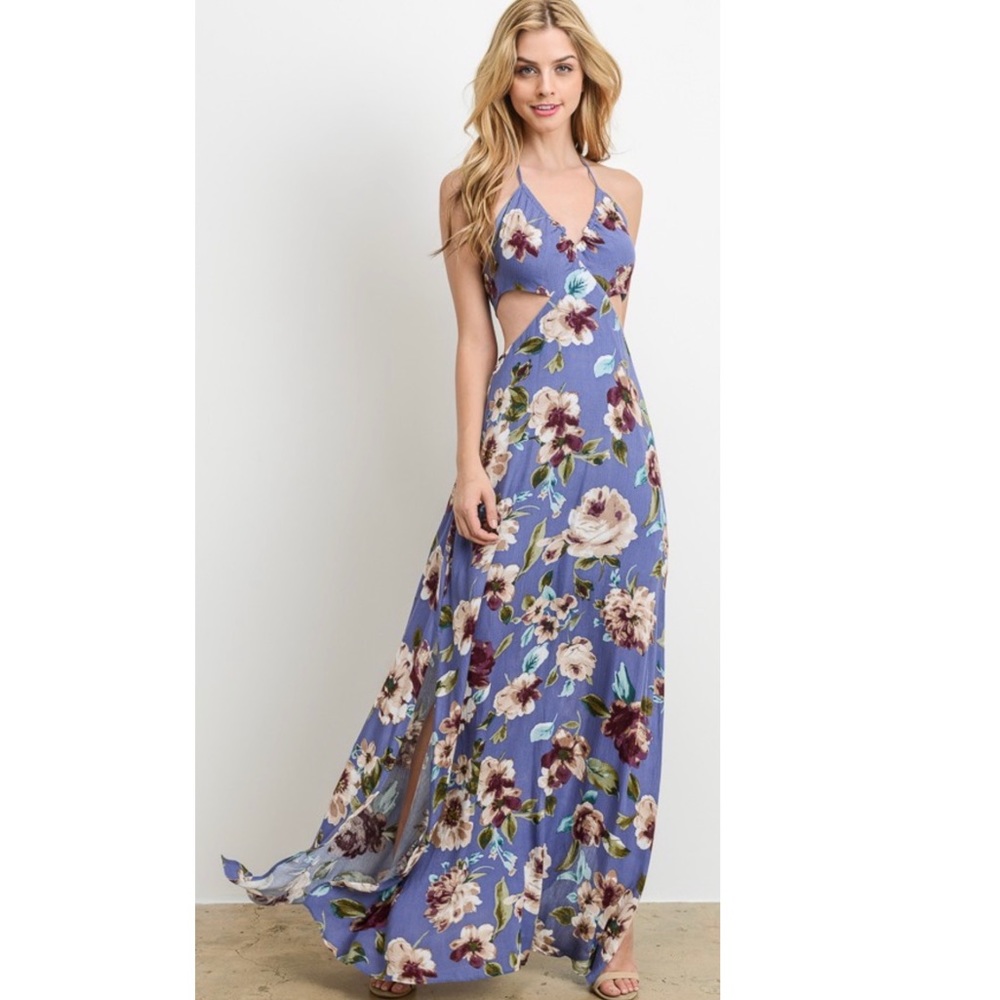 Floral Halter Neck Side Cut Out Maxi Dress